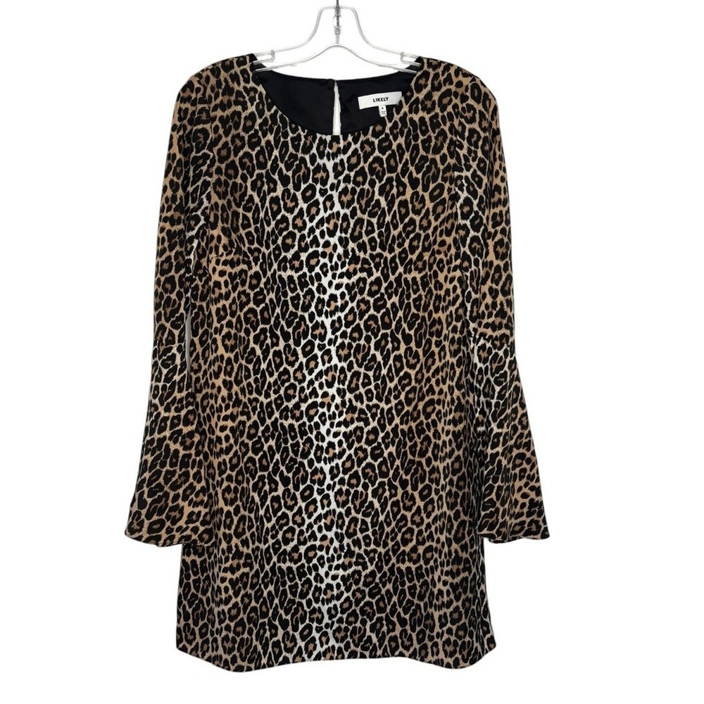 Likely Leopard Print Bell Sleeve Mini Shift Dress Brown Tan Black Womens 8